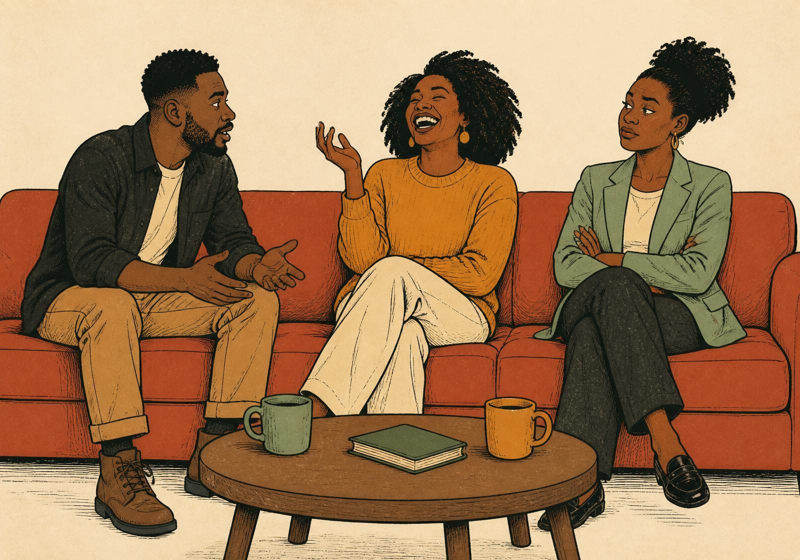 Illustration of the three Talent Couch hosts mid-conversation on a couch: one leaning forward making a point, one laughing, one unconvinced